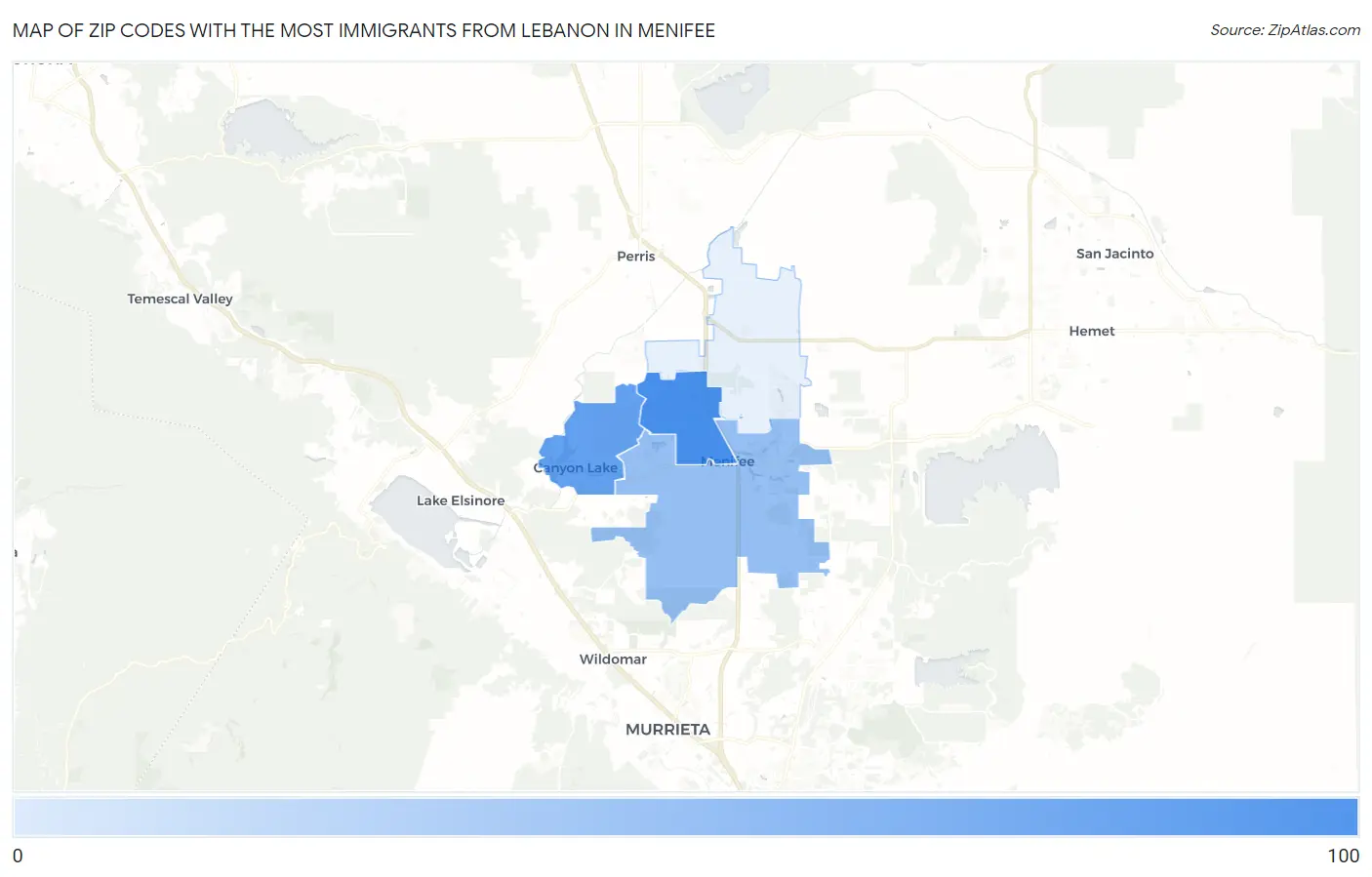 Zip Codes with the Most Immigrants from Lebanon in Menifee Map