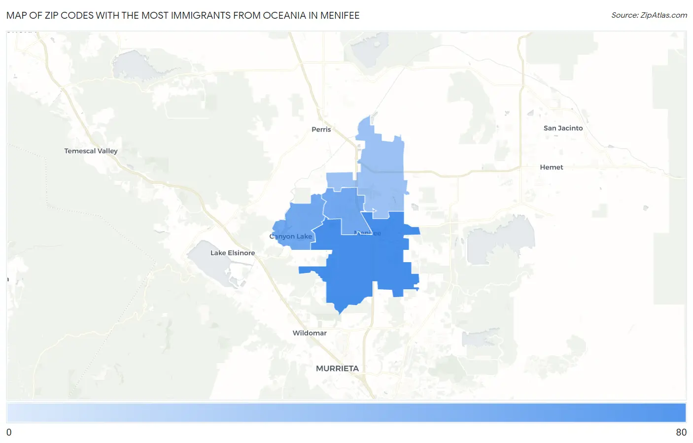 Zip Codes with the Most Immigrants from Oceania in Menifee Map