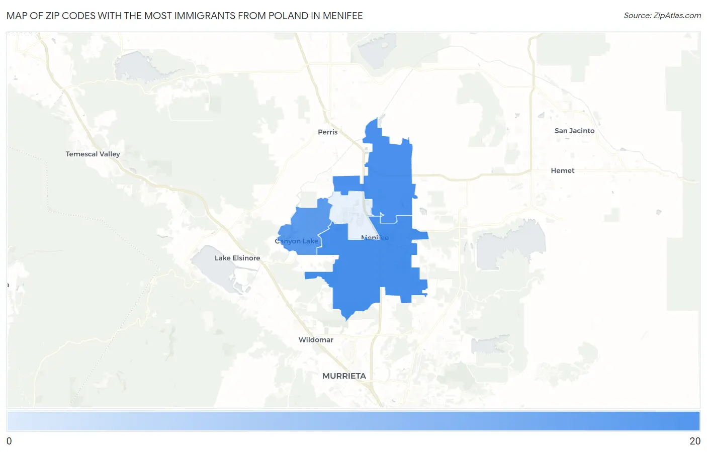 Zip Codes with the Most Immigrants from Poland in Menifee Map