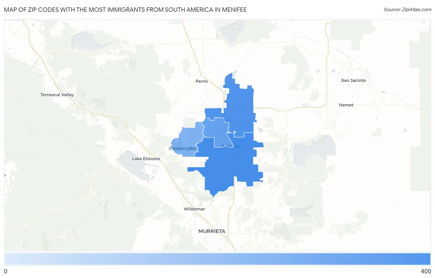 Zip Codes with the Most Immigrants from South America in Menifee Map