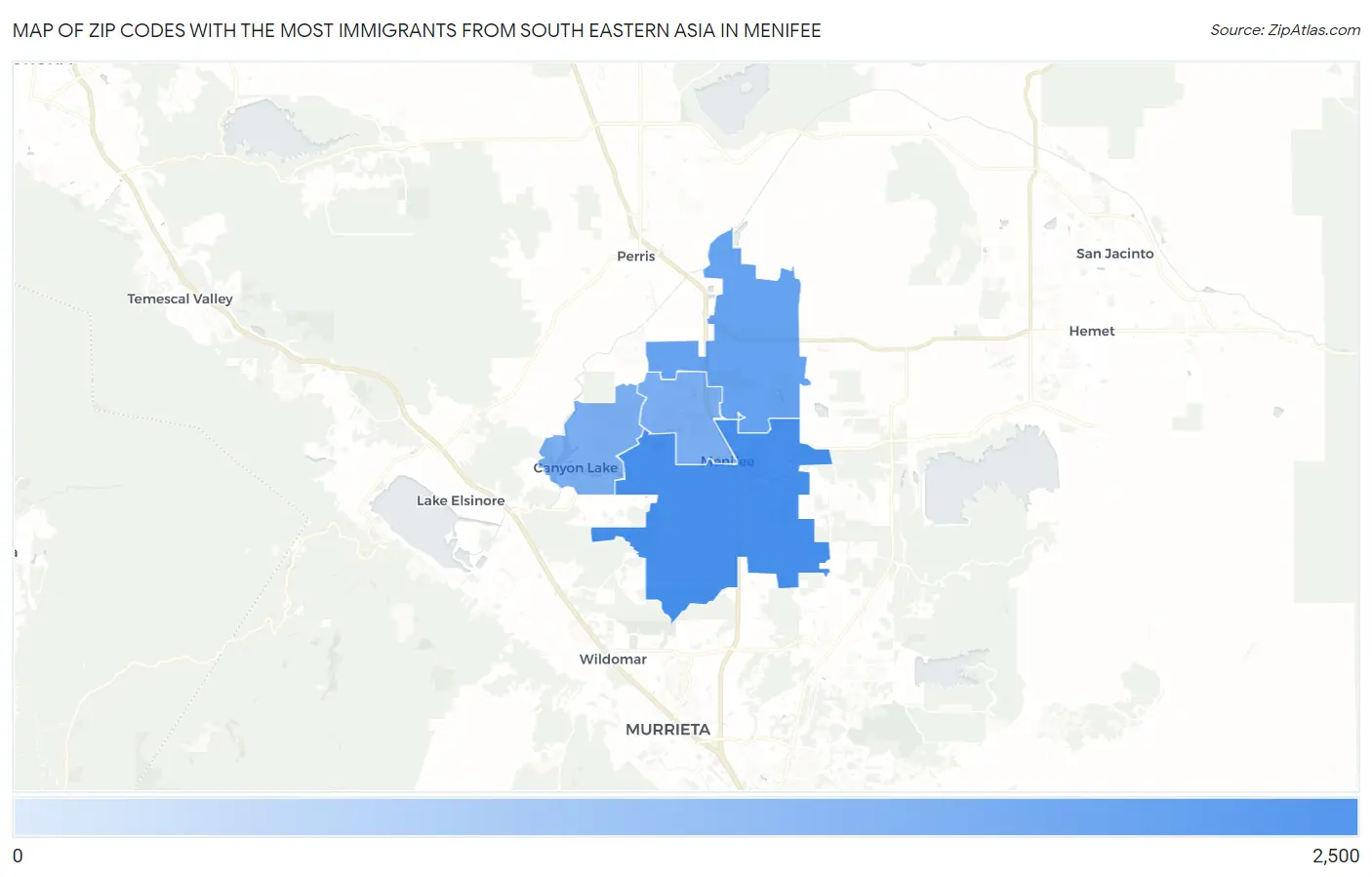 Zip Codes with the Most Immigrants from South Eastern Asia in Menifee Map