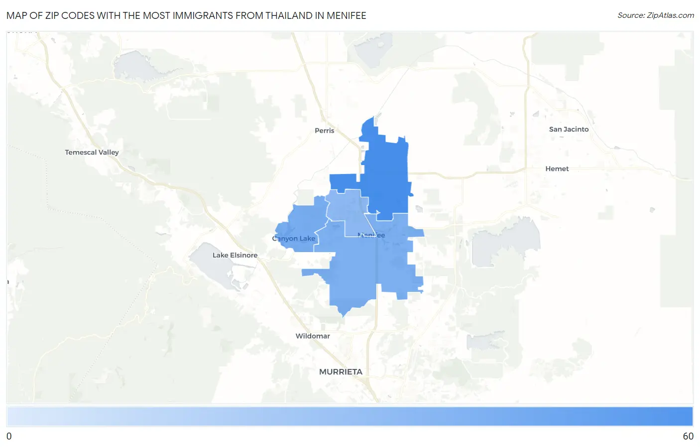 Zip Codes with the Most Immigrants from Thailand in Menifee Map