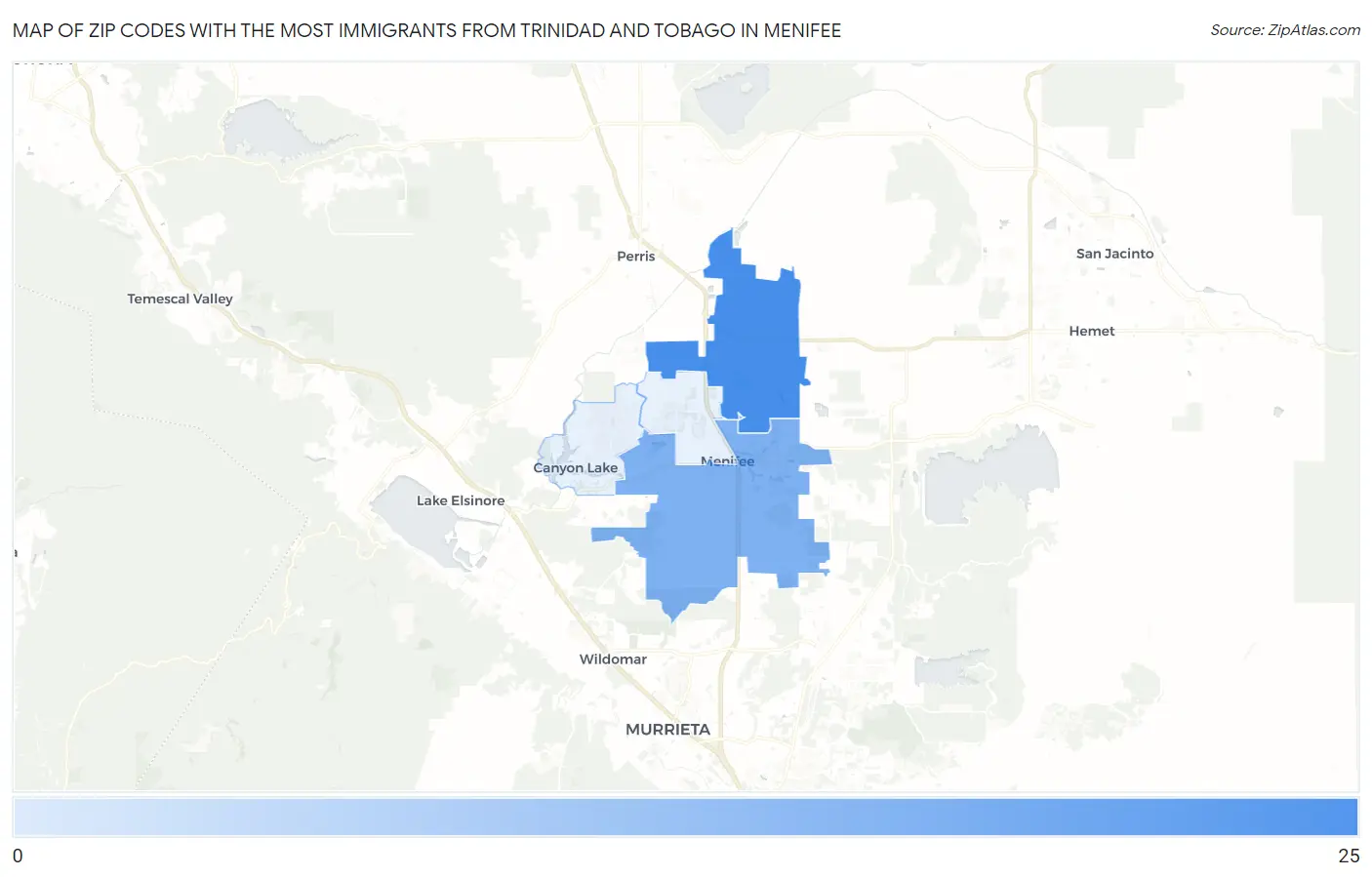 Zip Codes with the Most Immigrants from Trinidad and Tobago in Menifee Map