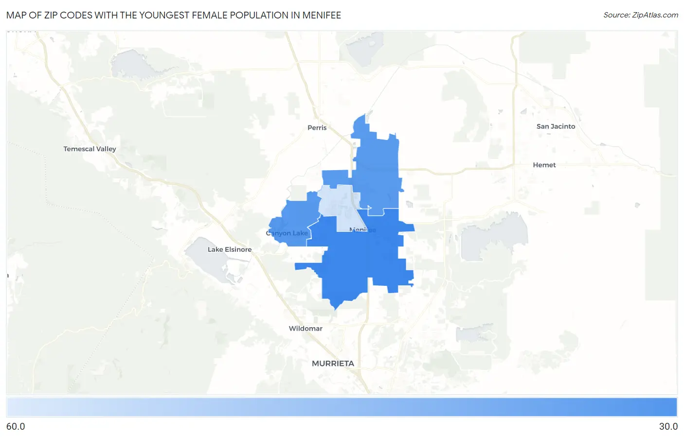 Zip Codes with the Youngest Female Population in Menifee Map