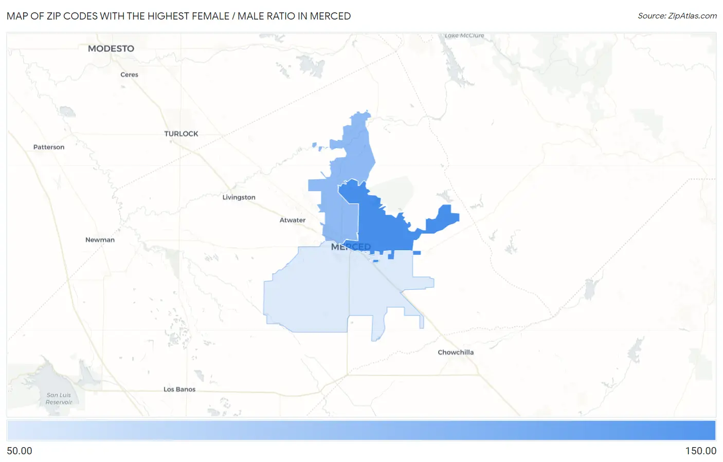 Zip Codes with the Highest Female / Male Ratio in Merced Map