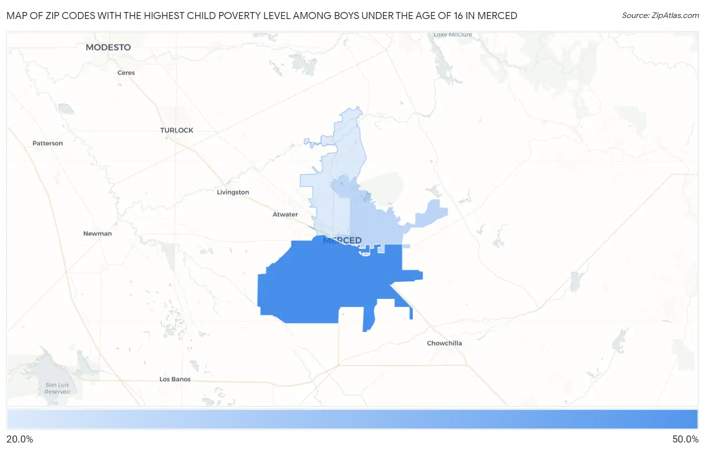 Zip Codes with the Highest Child Poverty Level Among Boys Under the Age of 16 in Merced Map