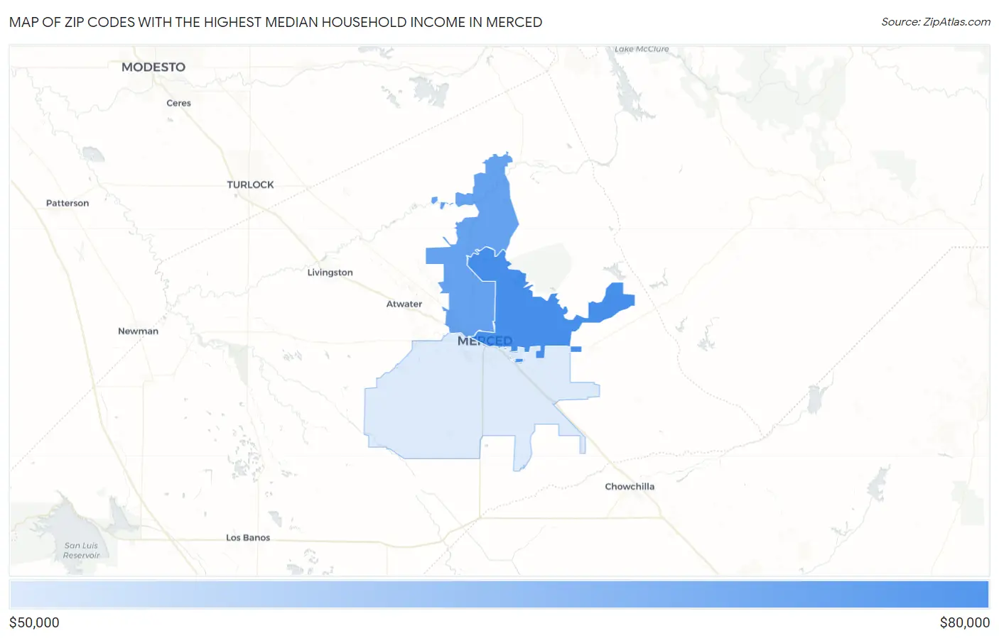Zip Codes with the Highest Median Household Income in Merced Map