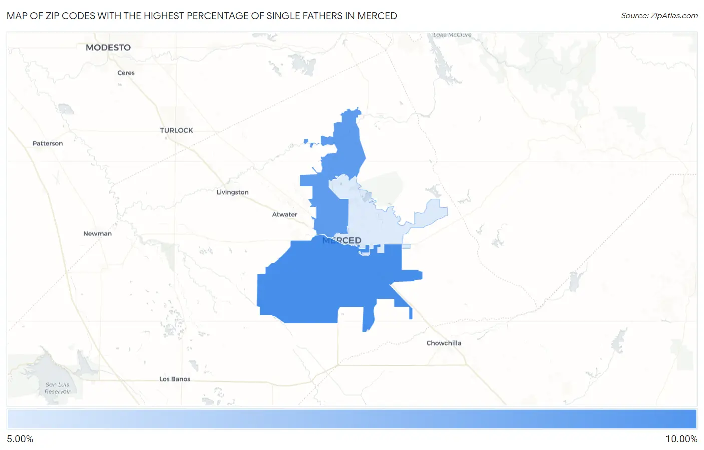 Zip Codes with the Highest Percentage of Single Fathers in Merced Map