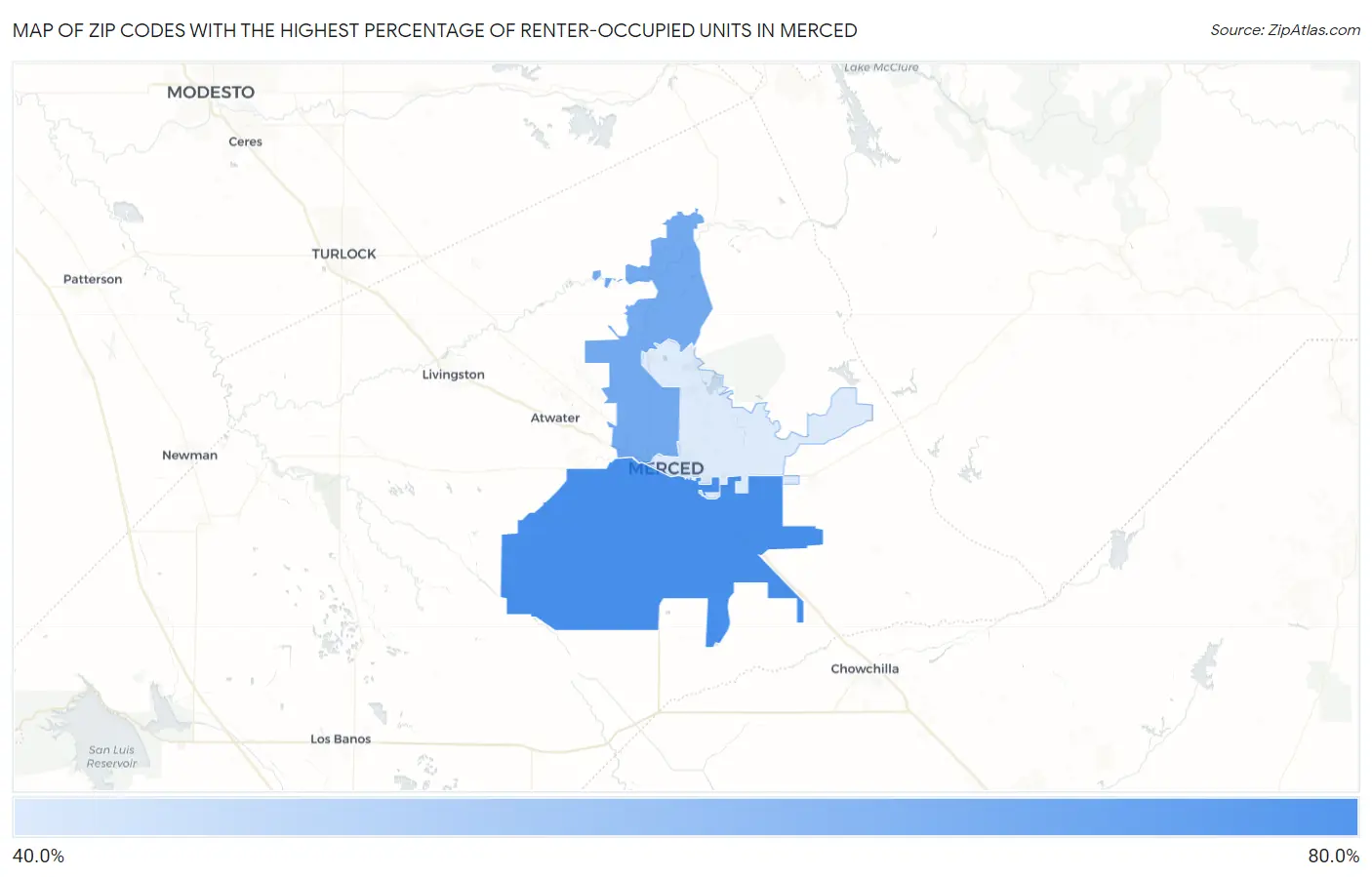 Zip Codes with the Highest Percentage of Renter-Occupied Units in Merced Map