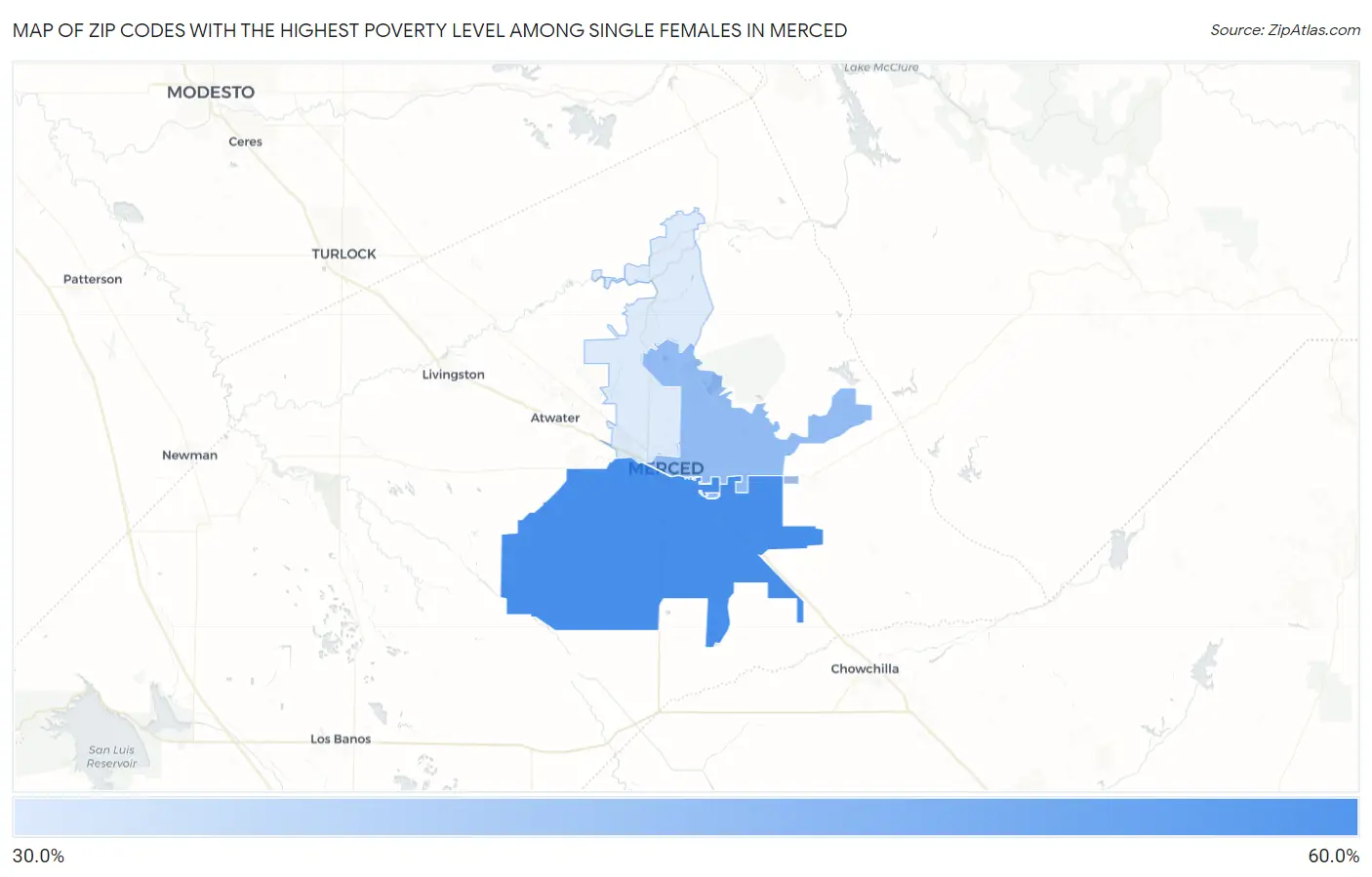 Zip Codes with the Highest Poverty Level Among Single Females in Merced Map