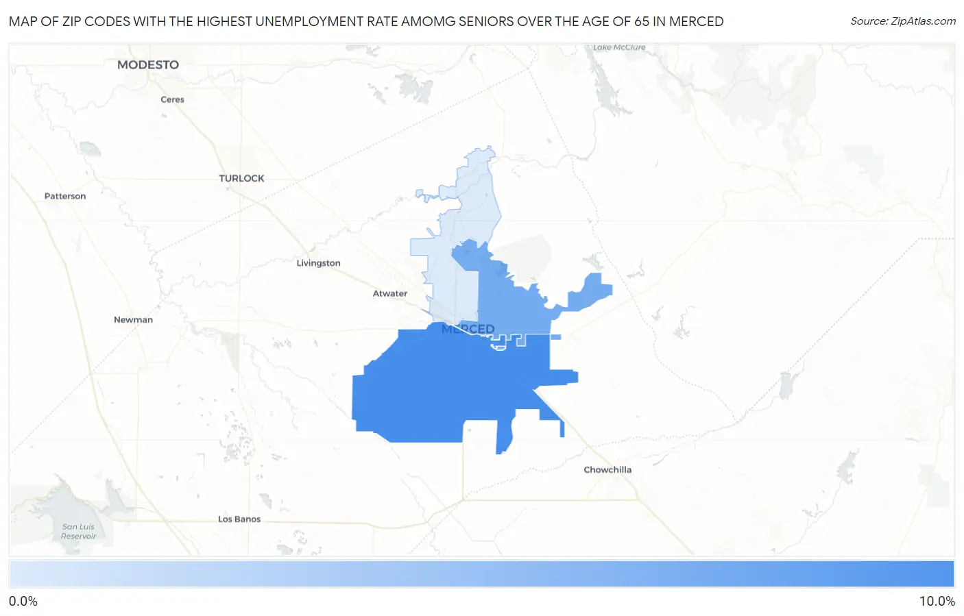 Zip Codes with the Highest Unemployment Rate Amomg Seniors Over the Age of 65 in Merced Map