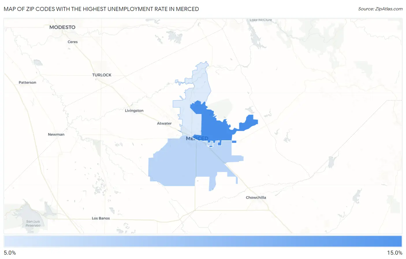 Zip Codes with the Highest Unemployment Rate in Merced Map