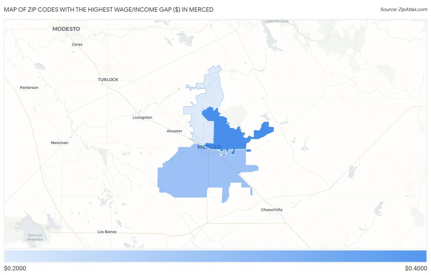 Zip Codes with the Highest Wage/Income Gap ($) in Merced Map