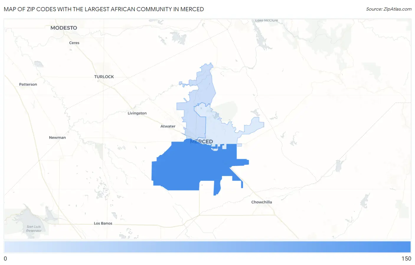 Zip Codes with the Largest African Community in Merced Map