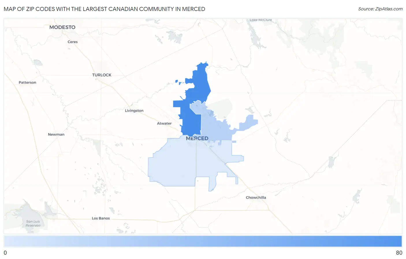 Zip Codes with the Largest Canadian Community in Merced Map