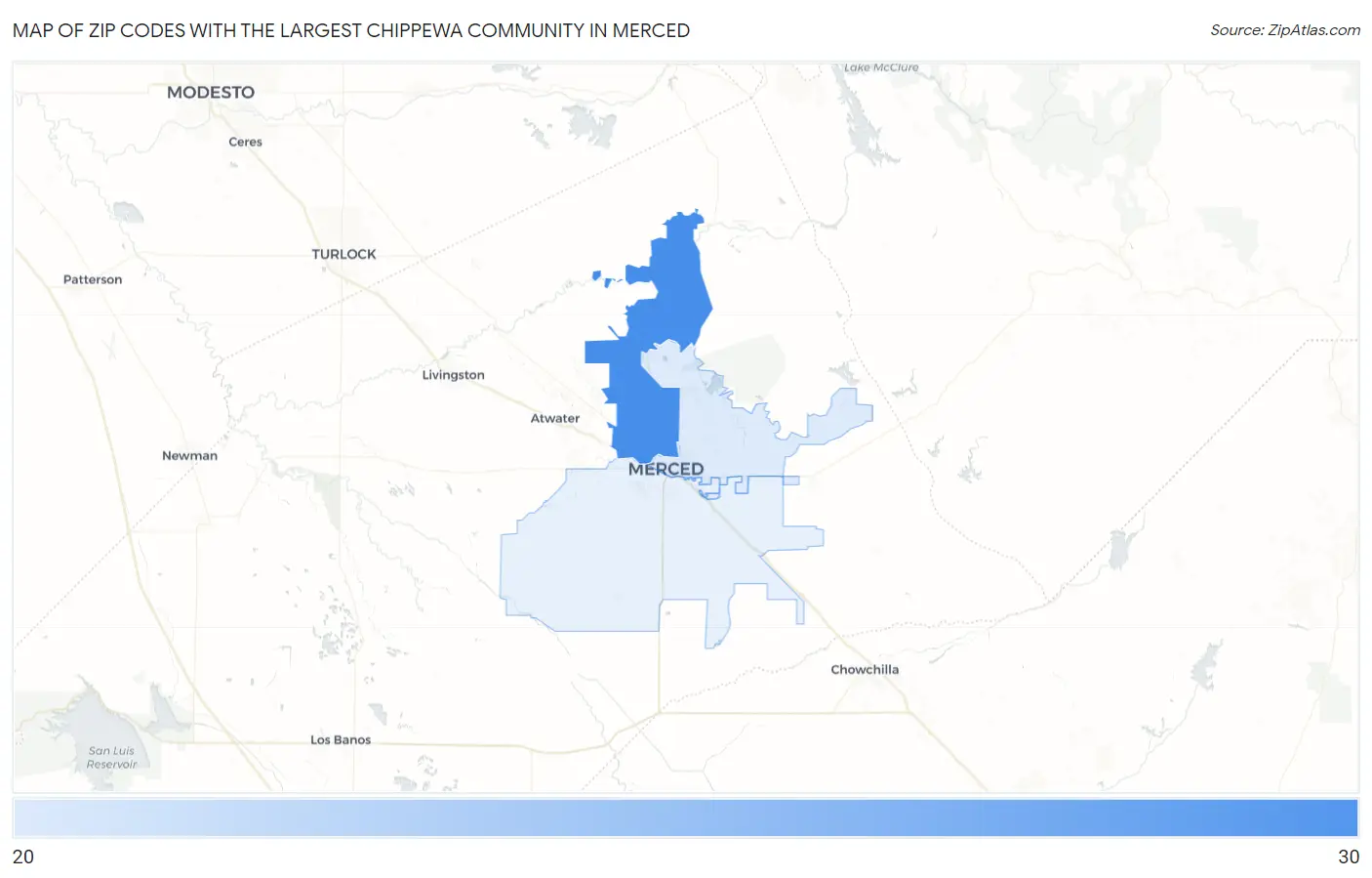 Zip Codes with the Largest Chippewa Community in Merced Map