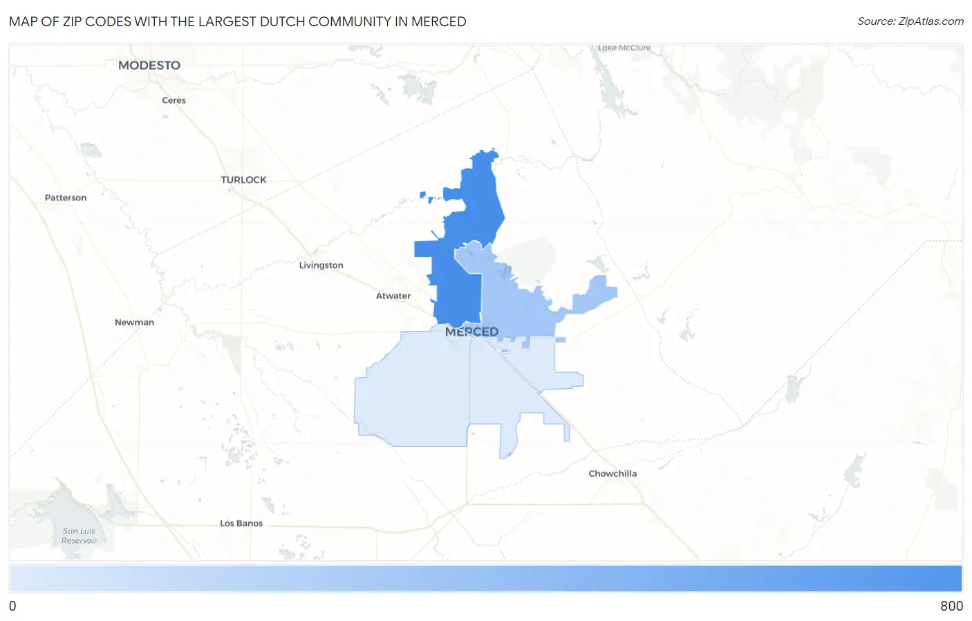 Zip Codes with the Largest Dutch Community in Merced Map