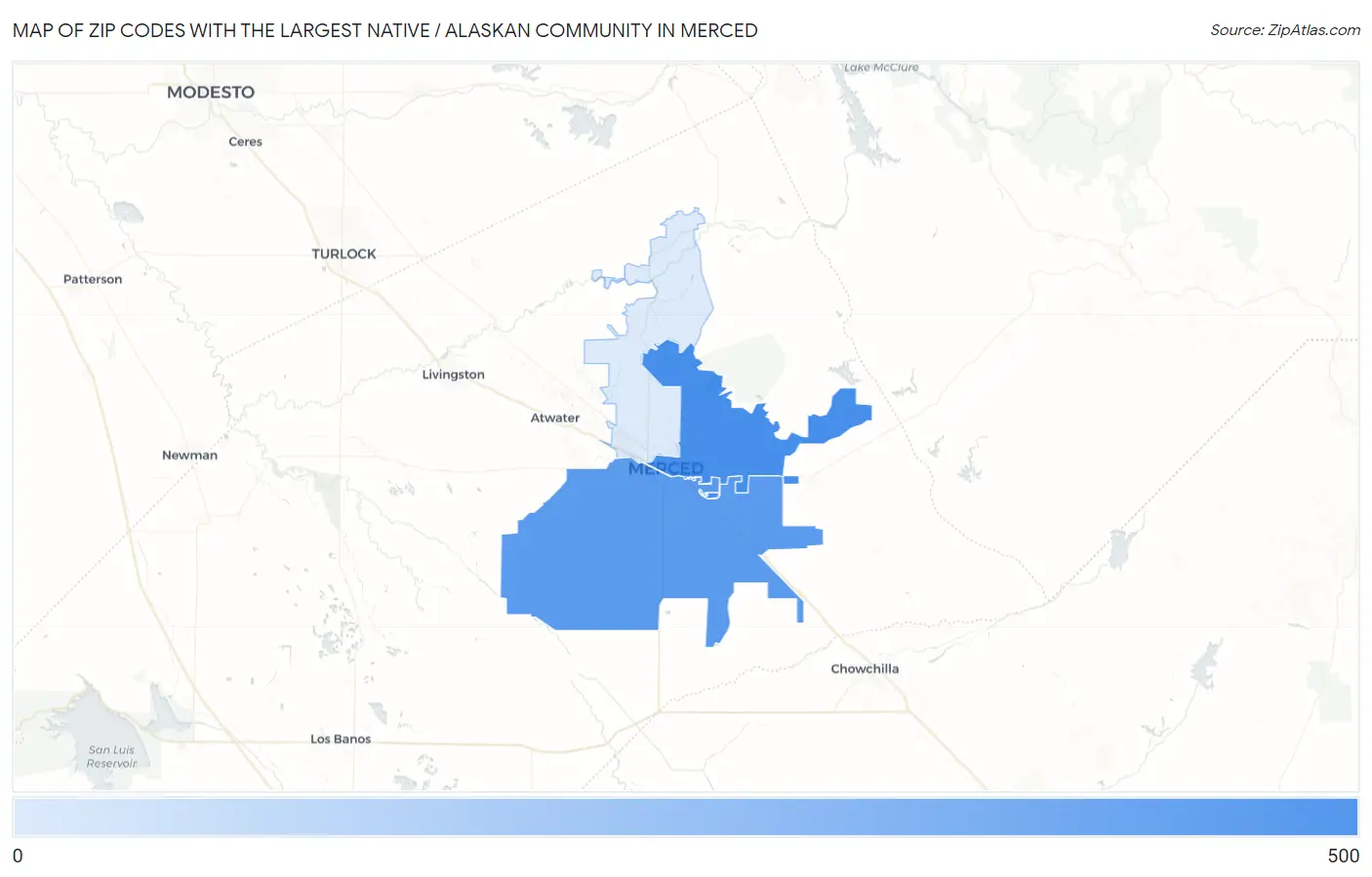 Zip Codes with the Largest Native / Alaskan Community in Merced Map
