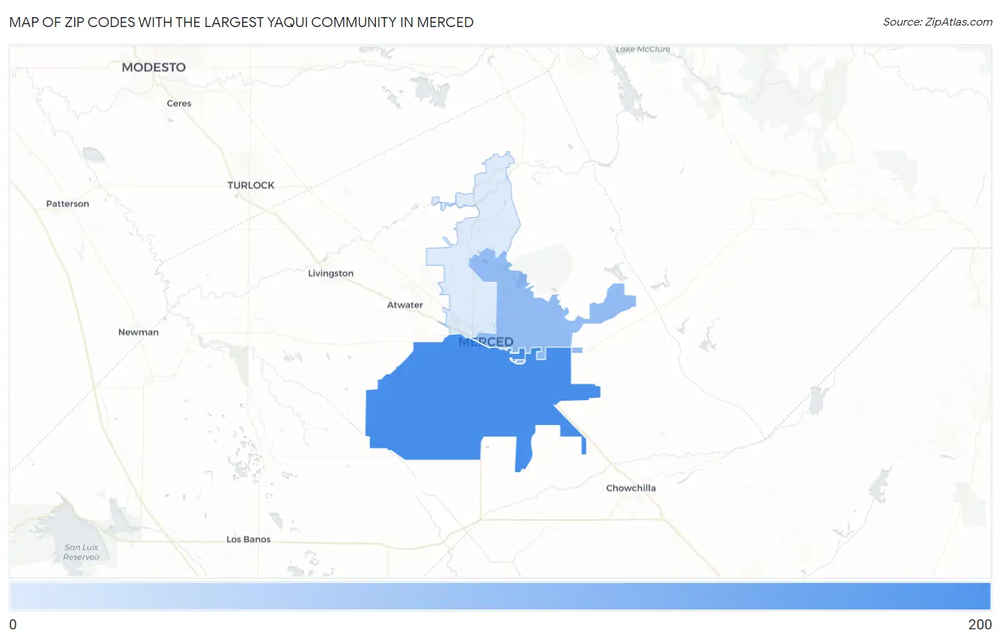 Zip Codes with the Largest Yaqui Community in Merced Map