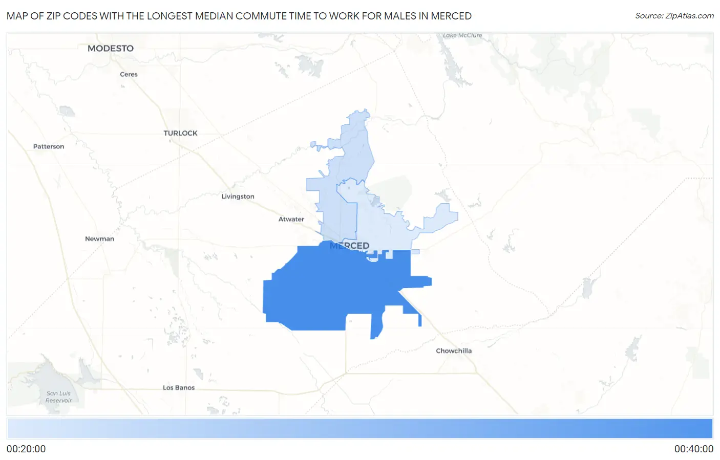 Zip Codes with the Longest Median Commute Time to Work for Males in Merced Map