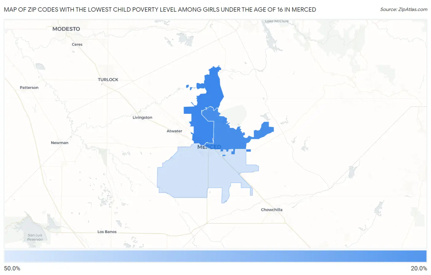 Zip Codes with the Lowest Child Poverty Level Among Girls Under the Age of 16 in Merced Map