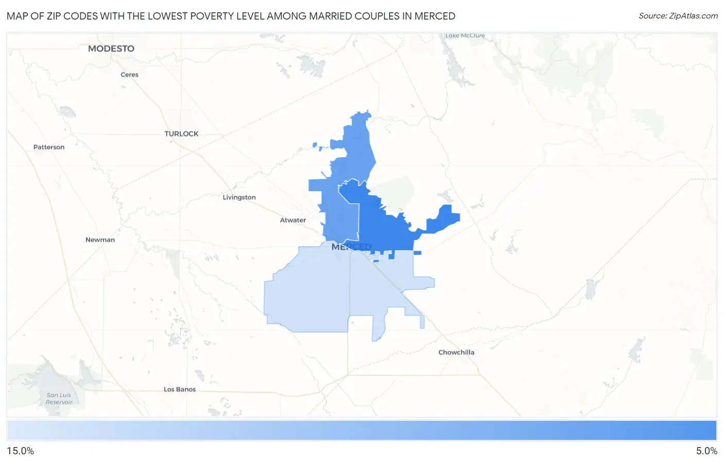 Zip Codes with the Lowest Poverty Level Among Married Couples in Merced Map