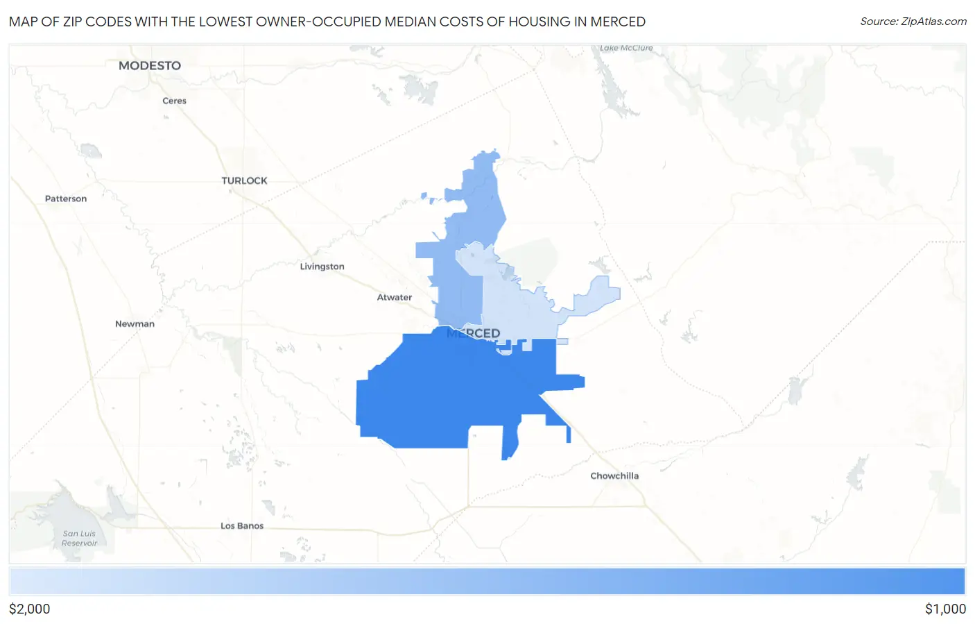 Zip Codes with the Lowest Owner-Occupied Median Costs of Housing in Merced Map