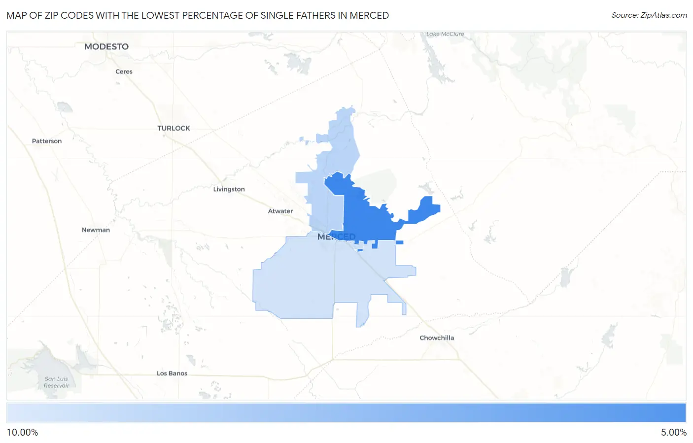 Zip Codes with the Lowest Percentage of Single Fathers in Merced Map