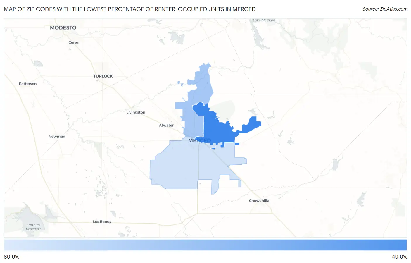 Zip Codes with the Lowest Percentage of Renter-Occupied Units in Merced Map