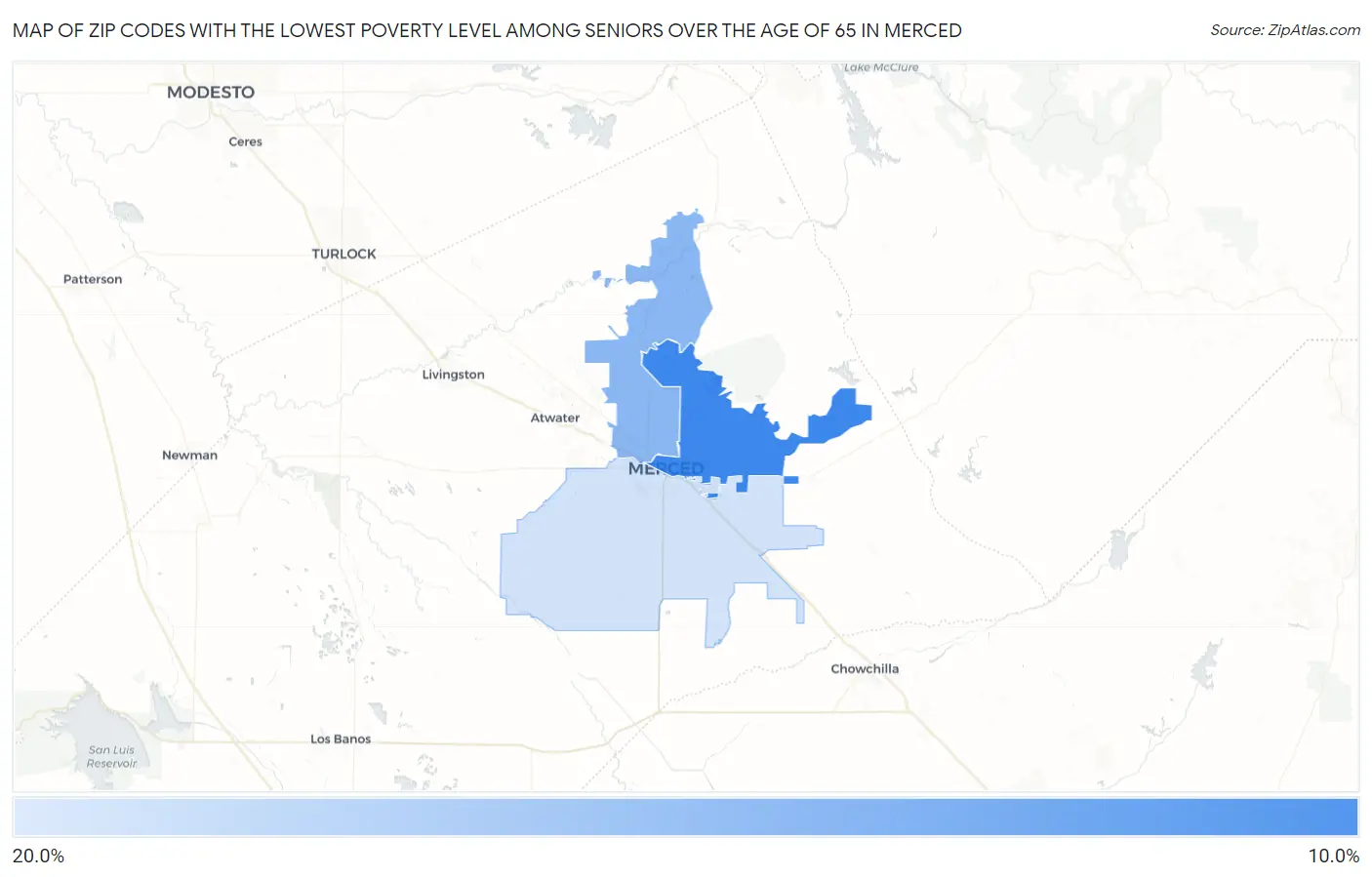 Zip Codes with the Lowest Poverty Level Among Seniors Over the Age of 65 in Merced Map