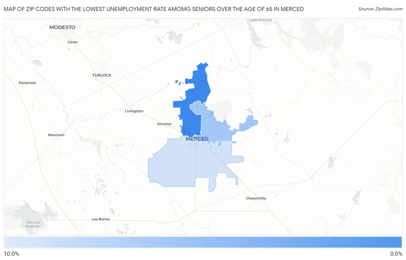 Zip Codes with the Lowest Unemployment Rate Amomg Seniors Over the Age of 65 in Merced Map