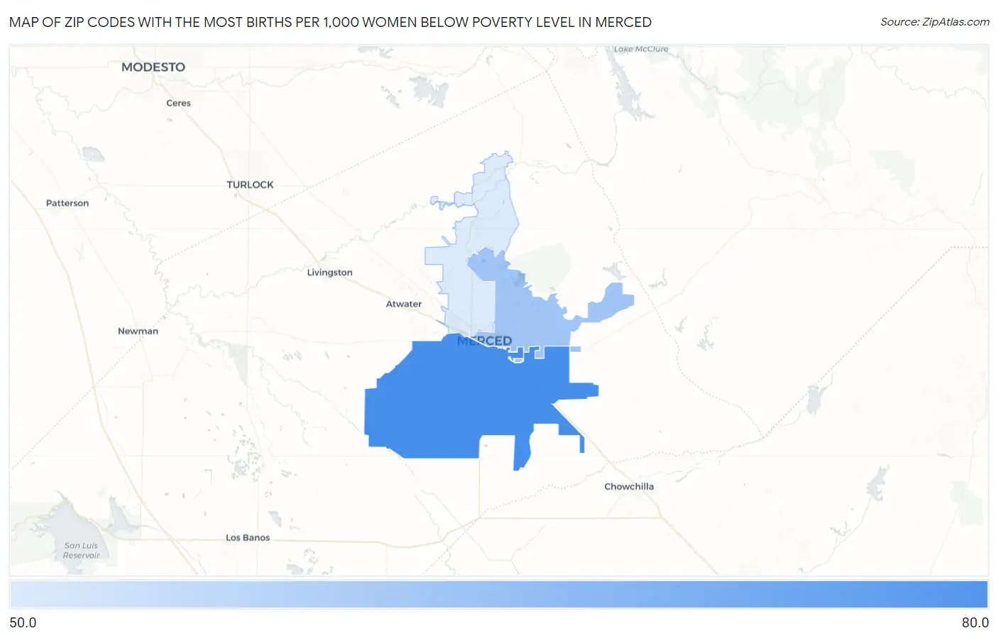 Zip Codes with the Most Births per 1,000 Women Below Poverty Level in Merced Map