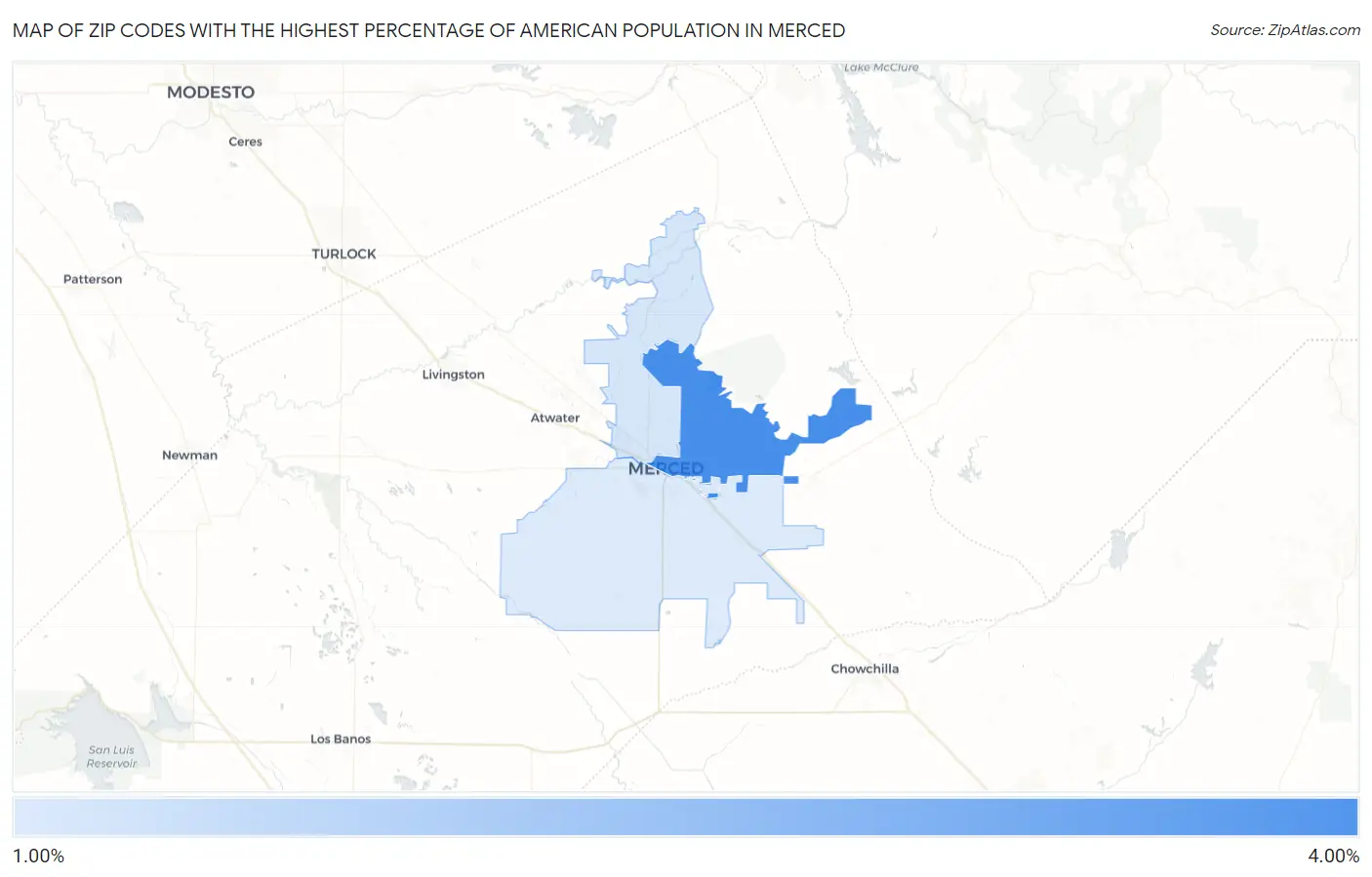 Zip Codes with the Highest Percentage of American Population in Merced Map