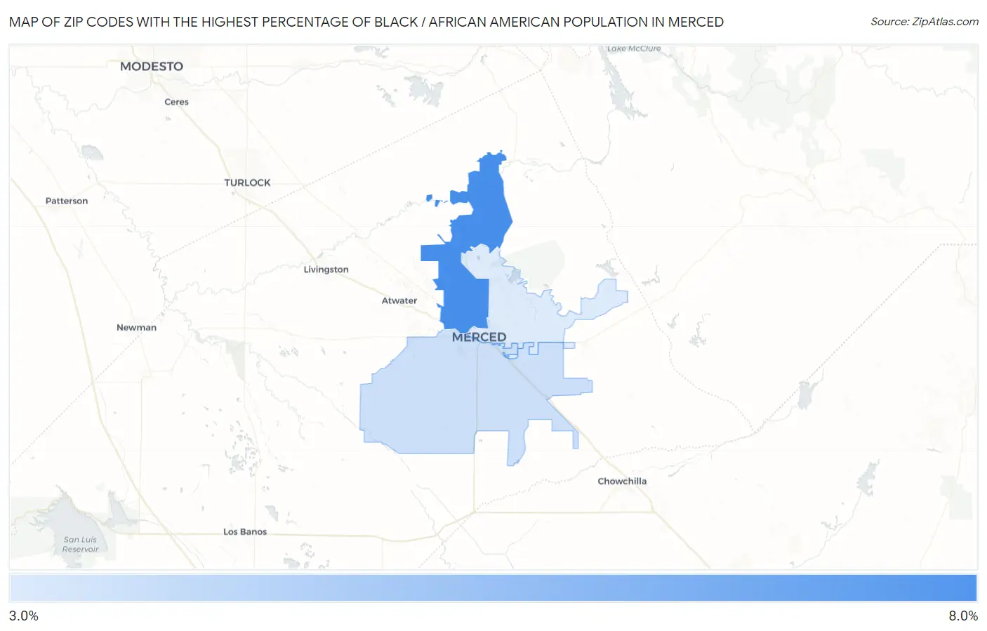 Zip Codes with the Highest Percentage of Black / African American Population in Merced Map