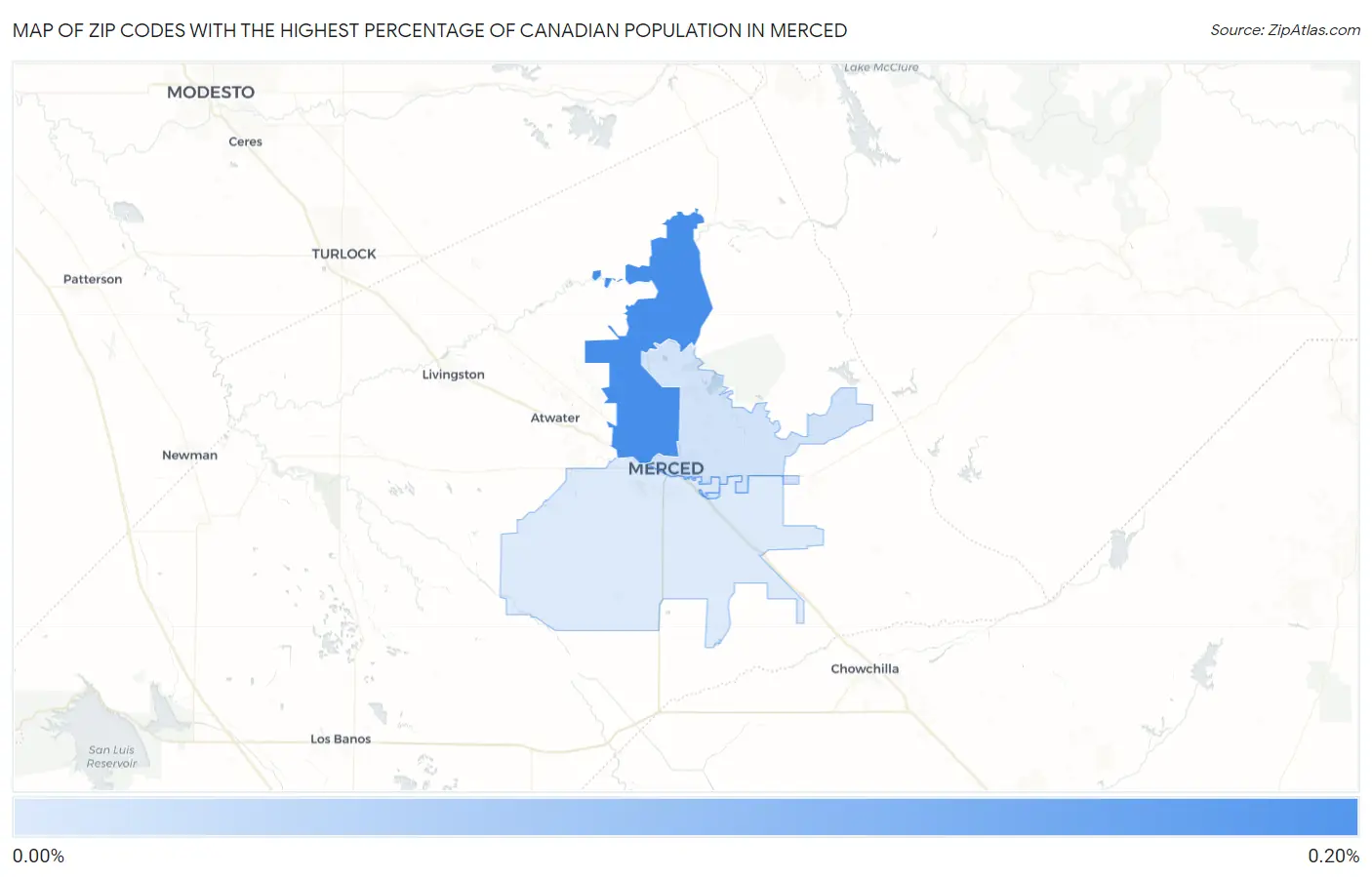 Zip Codes with the Highest Percentage of Canadian Population in Merced Map