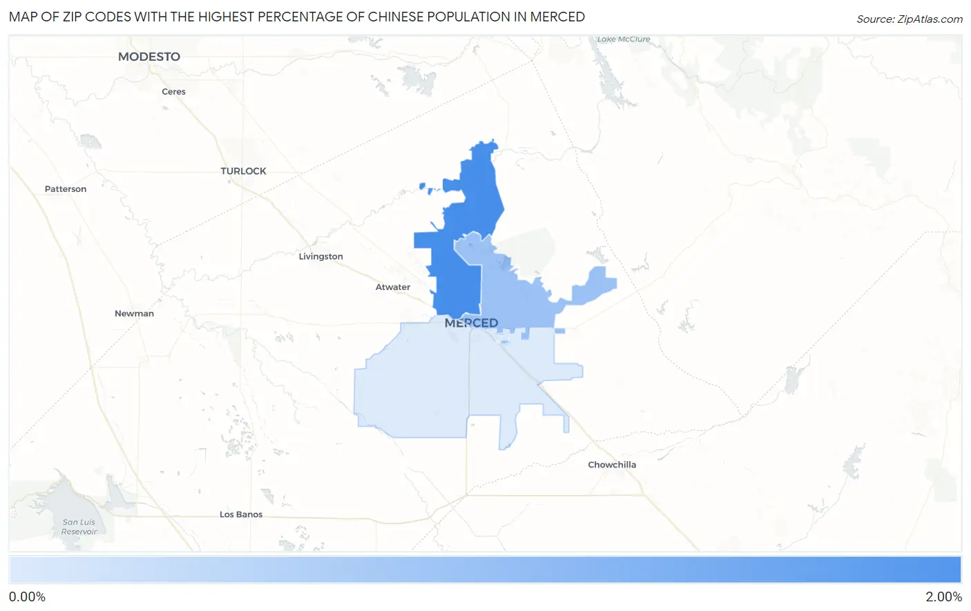 Zip Codes with the Highest Percentage of Chinese Population in Merced Map