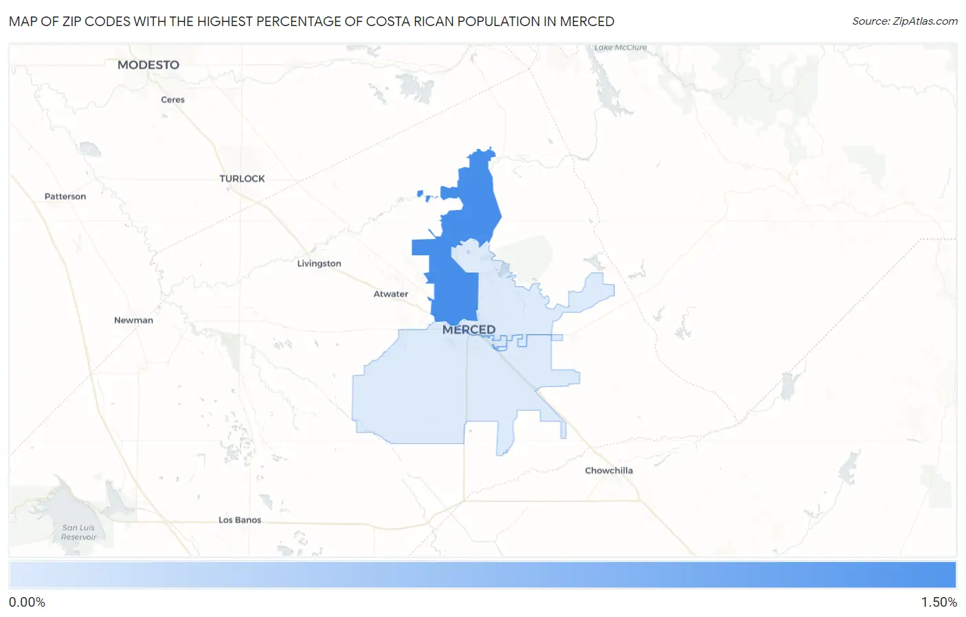 Zip Codes with the Highest Percentage of Costa Rican Population in Merced Map