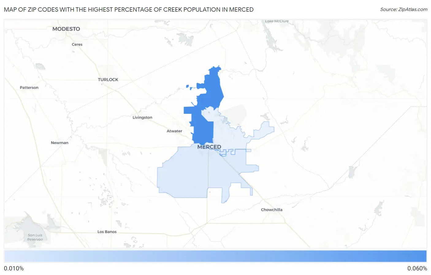 Zip Codes with the Highest Percentage of Creek Population in Merced Map