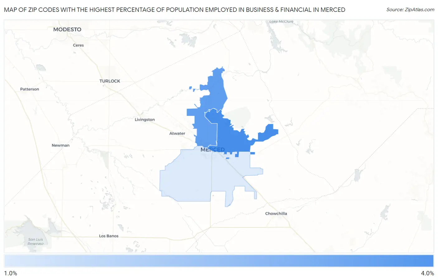 Zip Codes with the Highest Percentage of Population Employed in Business & Financial in Merced Map