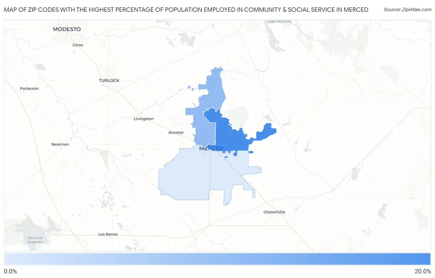 Zip Codes with the Highest Percentage of Population Employed in Community & Social Service  in Merced Map