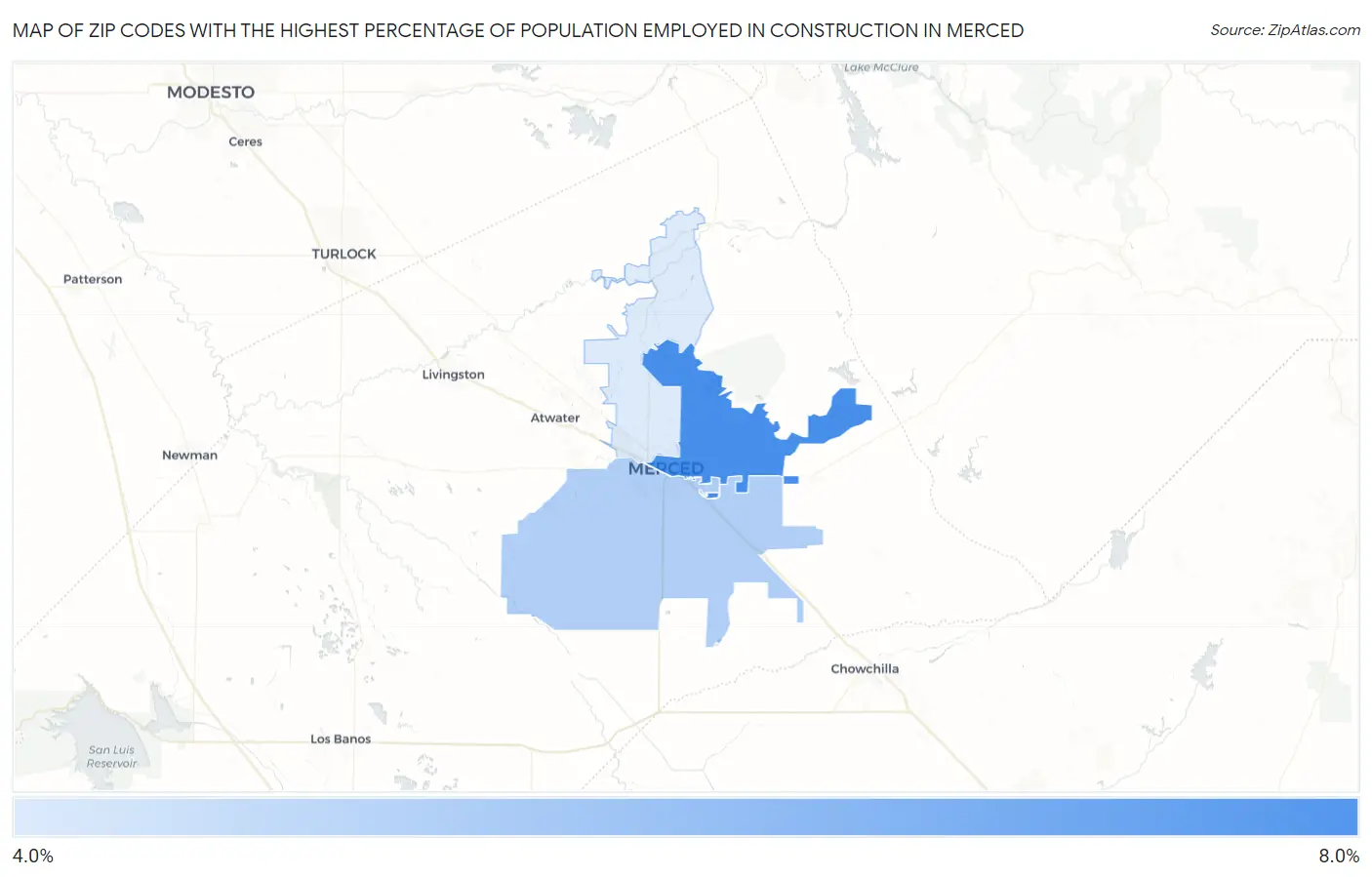 Zip Codes with the Highest Percentage of Population Employed in Construction in Merced Map
