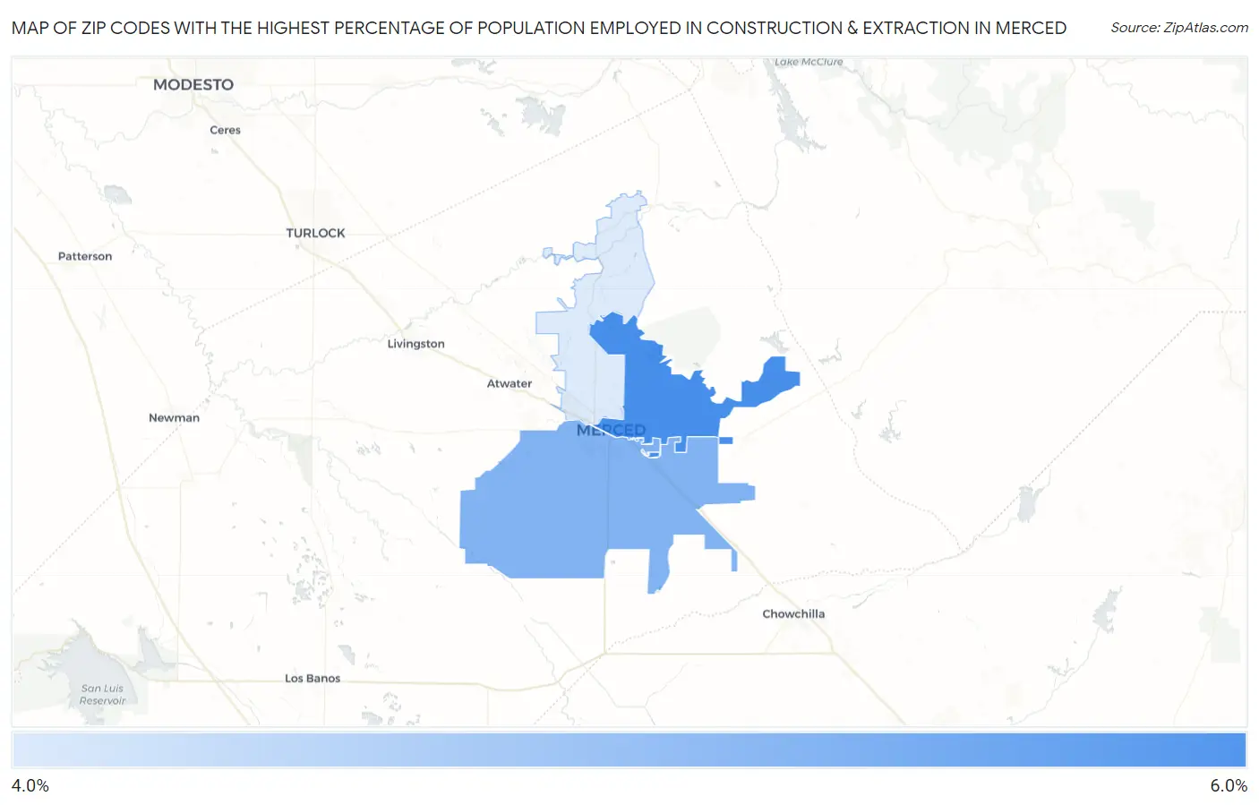 Zip Codes with the Highest Percentage of Population Employed in Construction & Extraction in Merced Map