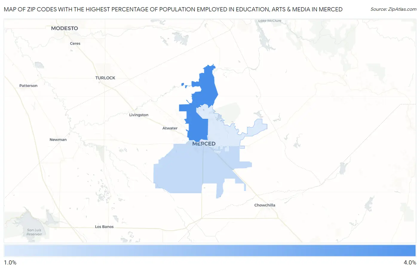 Zip Codes with the Highest Percentage of Population Employed in Education, Arts & Media in Merced Map