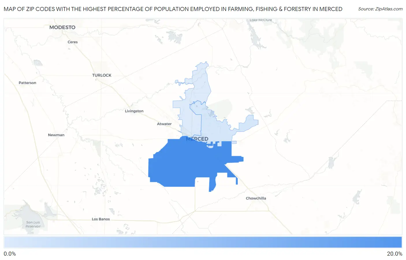 Zip Codes with the Highest Percentage of Population Employed in Farming, Fishing & Forestry in Merced Map
