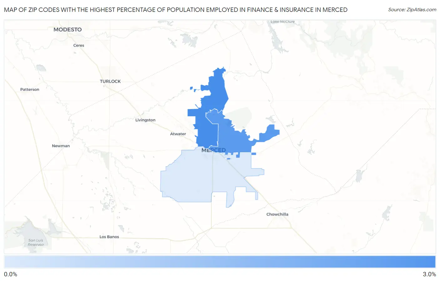 Zip Codes with the Highest Percentage of Population Employed in Finance & Insurance in Merced Map
