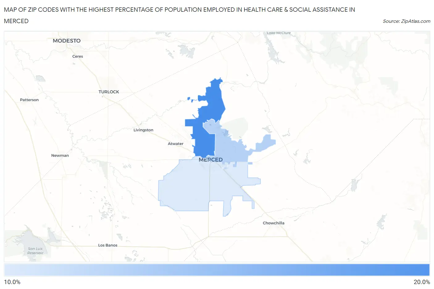 Zip Codes with the Highest Percentage of Population Employed in Health Care & Social Assistance in Merced Map