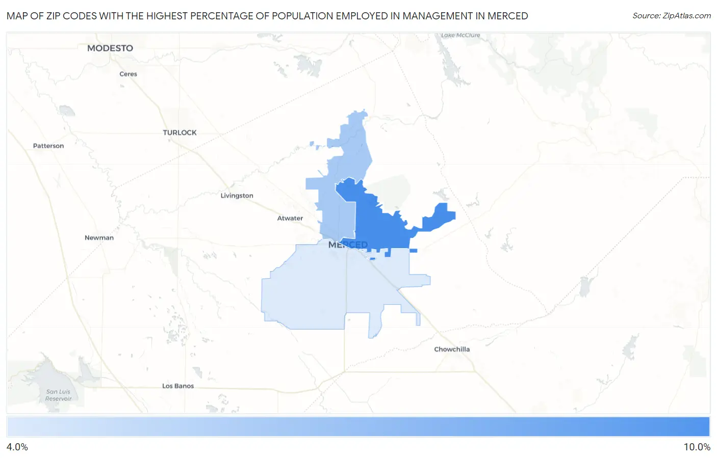Zip Codes with the Highest Percentage of Population Employed in Management in Merced Map