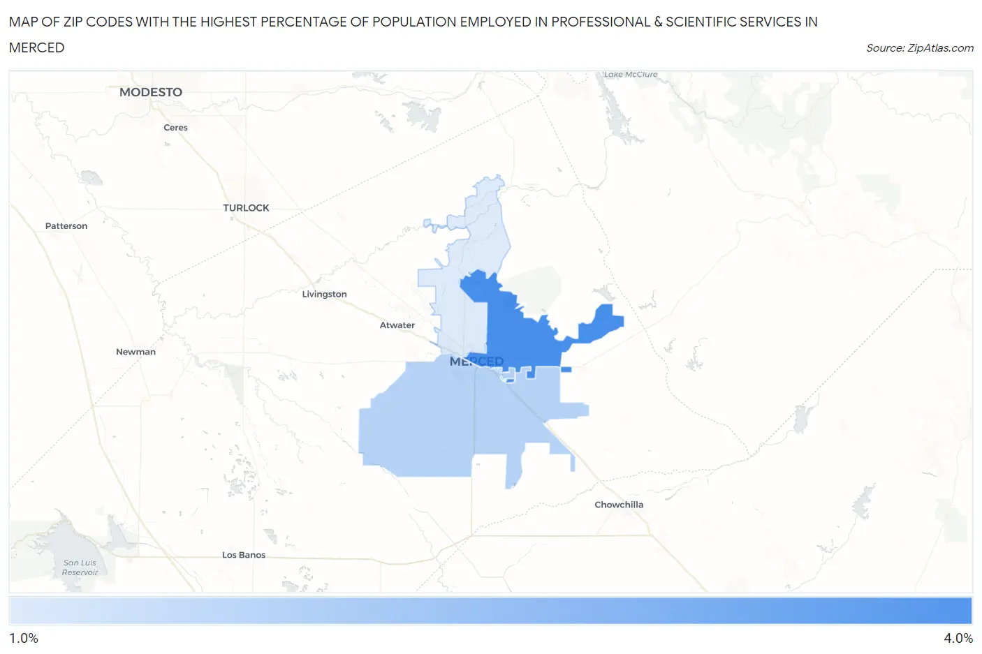 Zip Codes with the Highest Percentage of Population Employed in Professional & Scientific Services in Merced Map