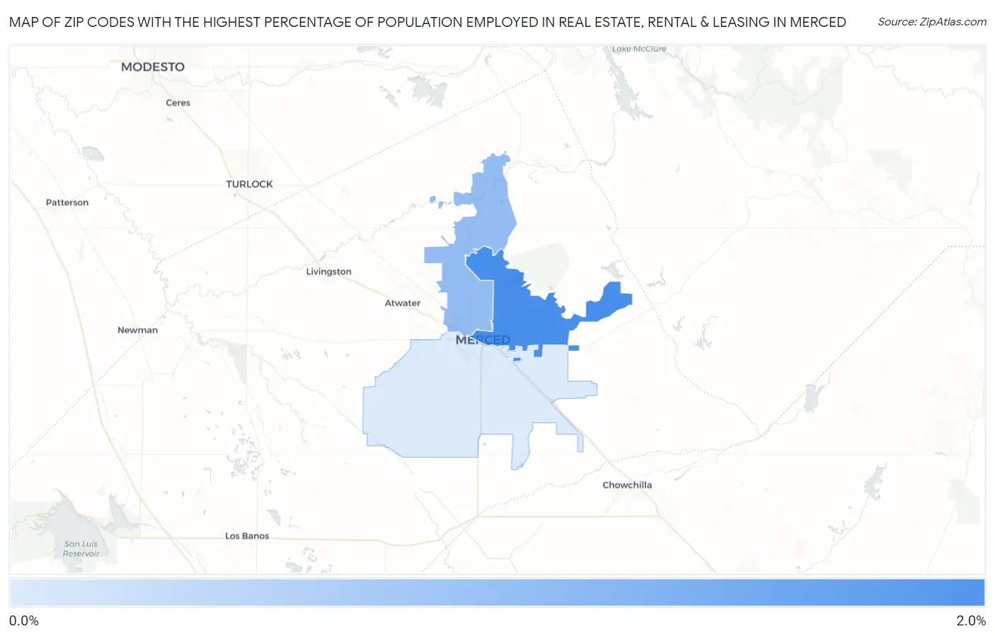 Zip Codes with the Highest Percentage of Population Employed in Real Estate, Rental & Leasing in Merced Map