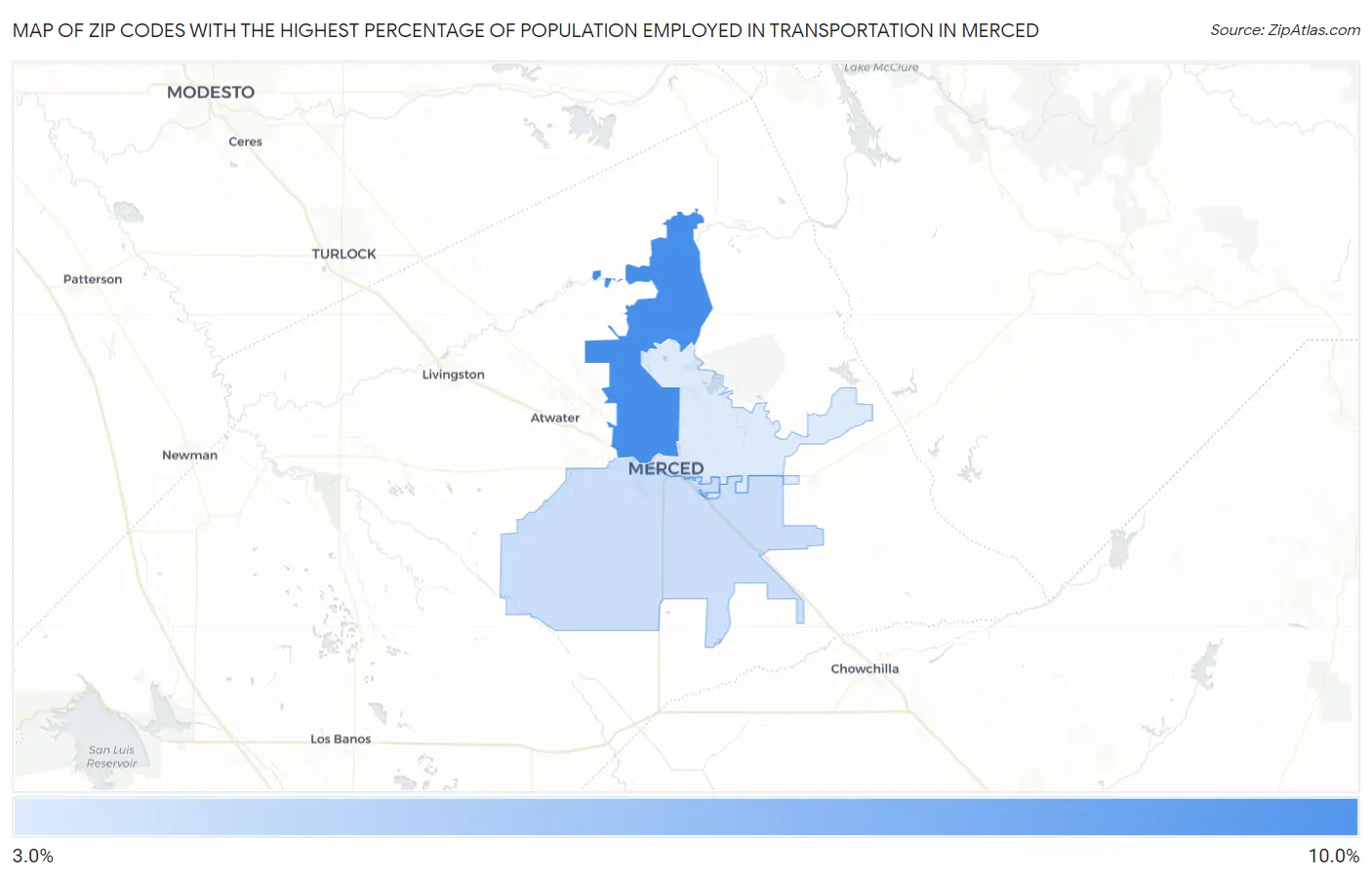 Zip Codes with the Highest Percentage of Population Employed in Transportation in Merced Map